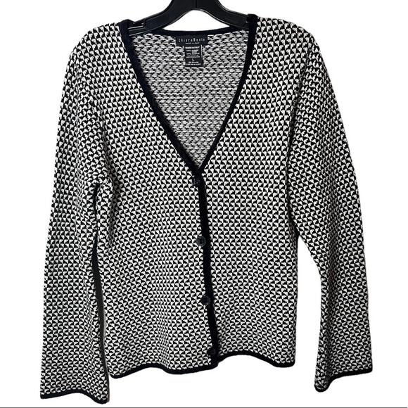 Chiaramente Cardigan Sweater Womens Size Large Black White Button - Picture 2 of 8